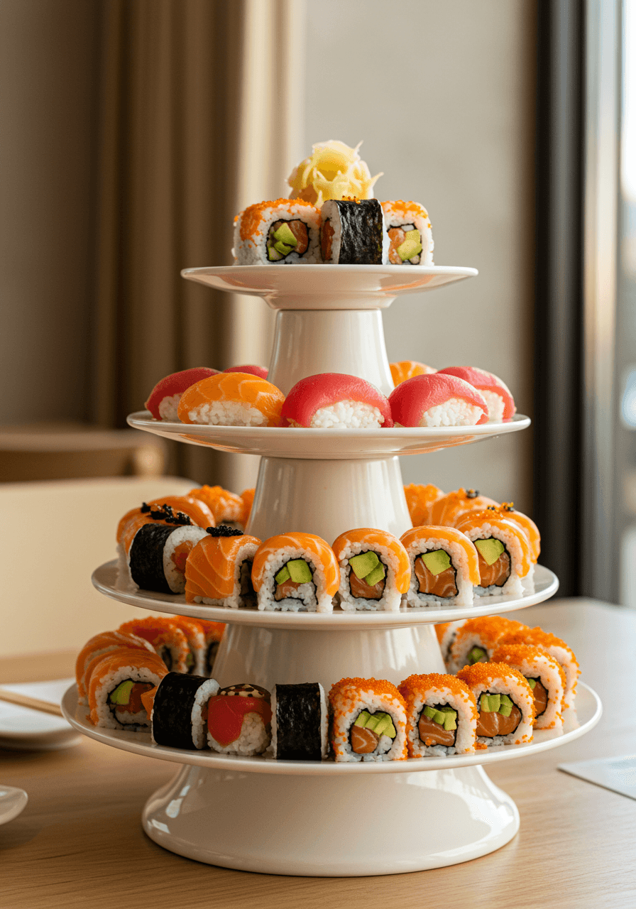 Three-tiered glass stand displaying artfully arranged sushi pieces with golden hour lighting filtering through windows