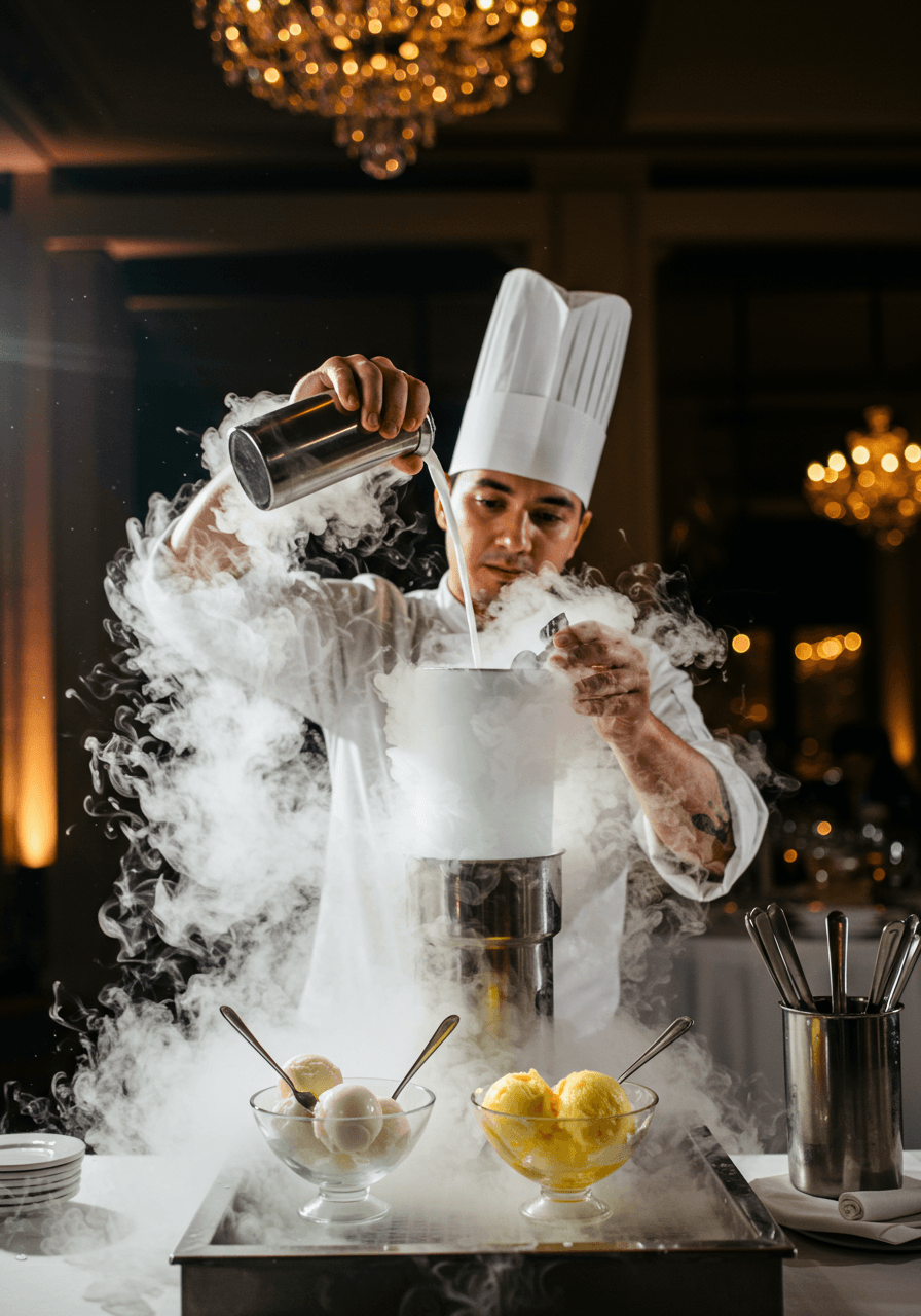 Low angle perspective of chef pouring liquid nitrogen with dramatic lighting at sophisticated wedding dessert station
