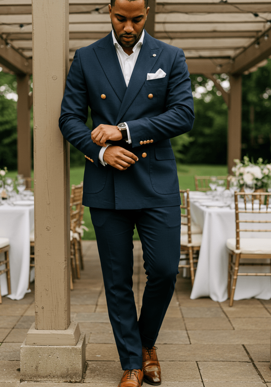 Close-up of cufflink detail on double-breasted blazer sleeve