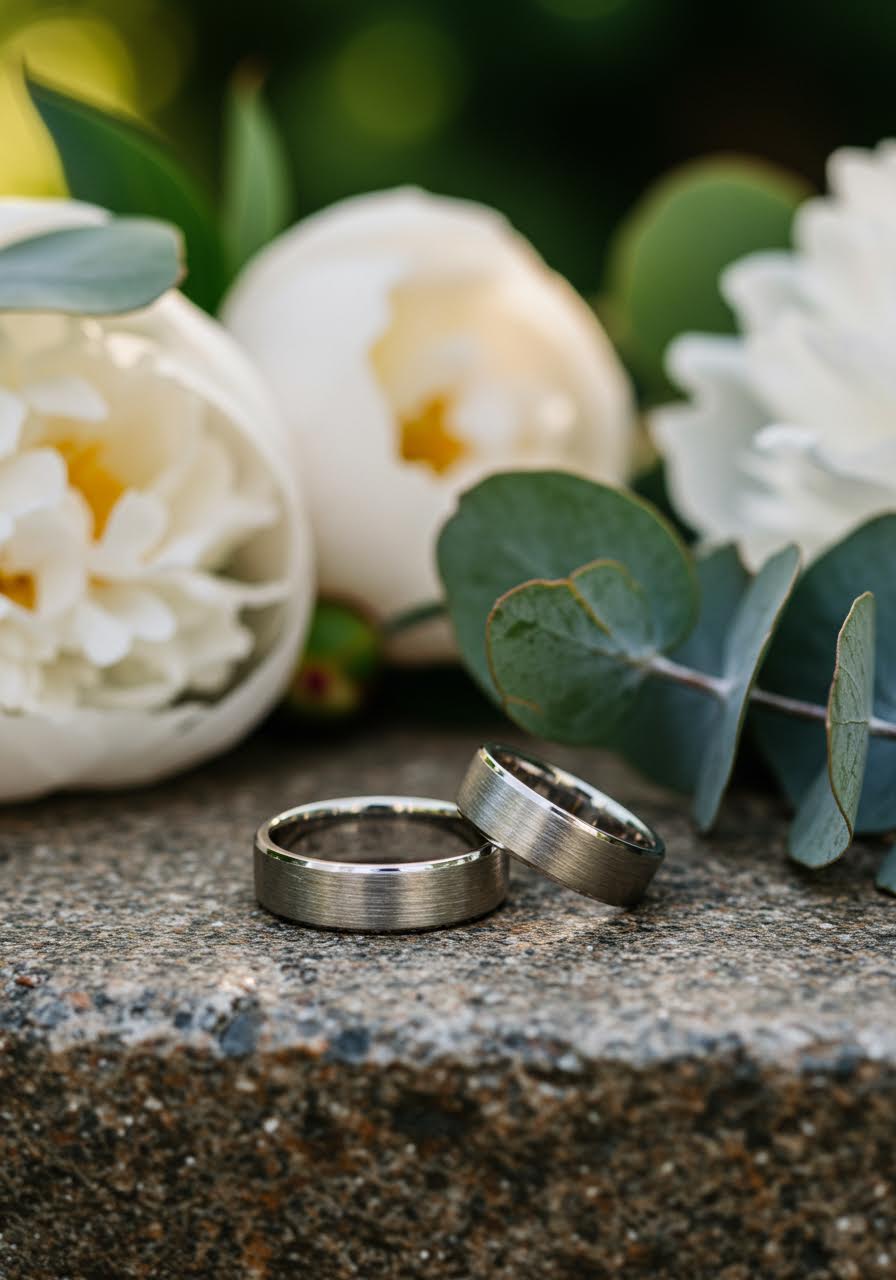 Brushed platinum wedding rings on granite surface photographed in golden hour garden setting