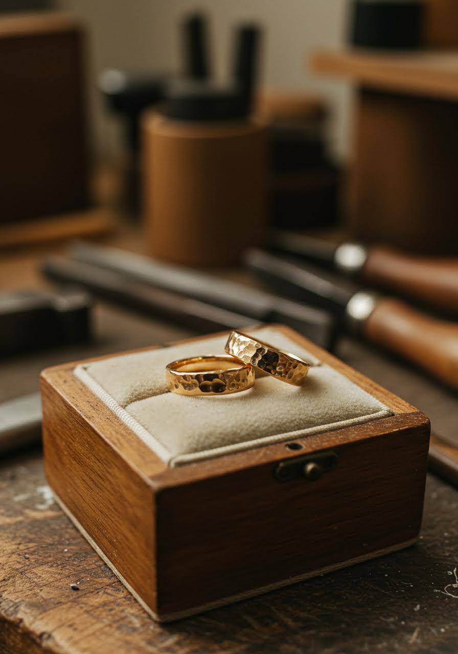 Medium shot of handcrafted organic wedding rings in workshop environment with artisan tools visible