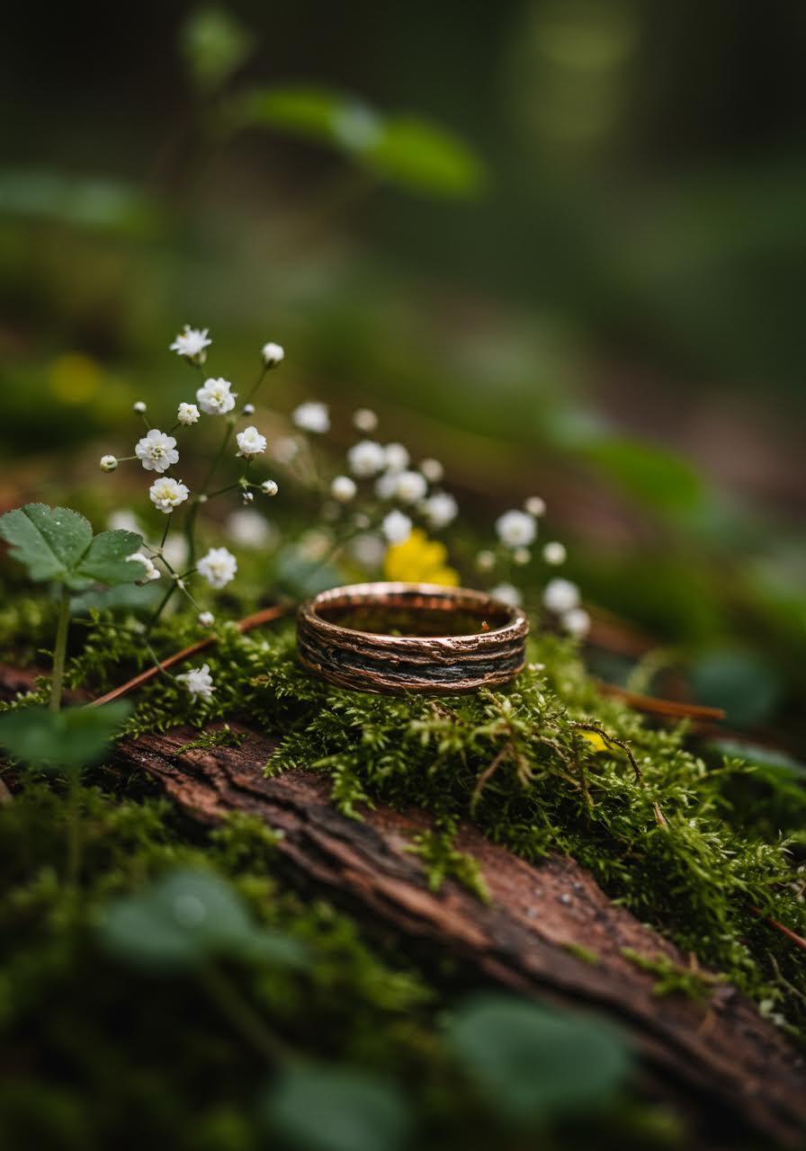 Nature-inspired wedding ring with bark texture pattern photographed in forest setting with moss and wildflowers