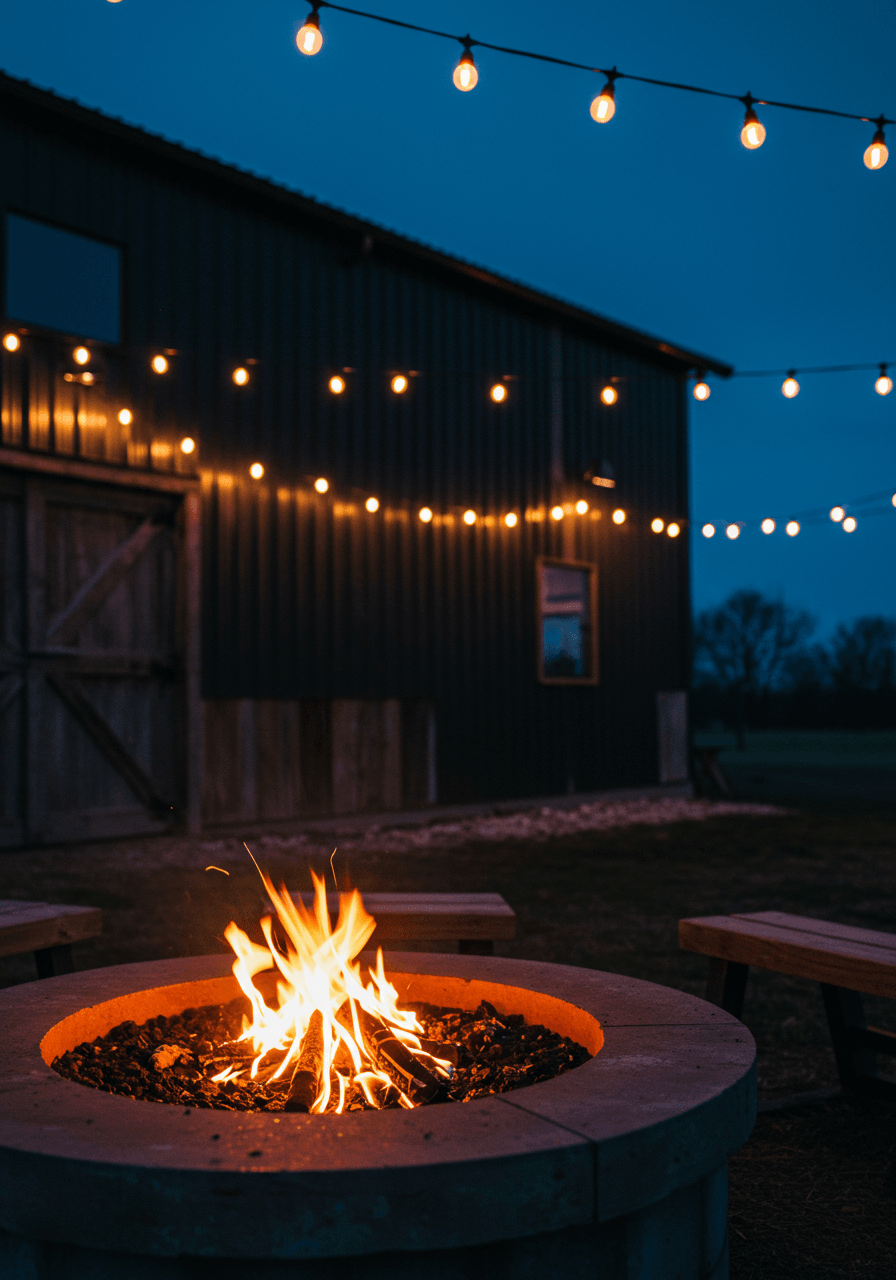Intimate close-up of fire pit glow with string light reflections on dark corrugated metal walls during twilight