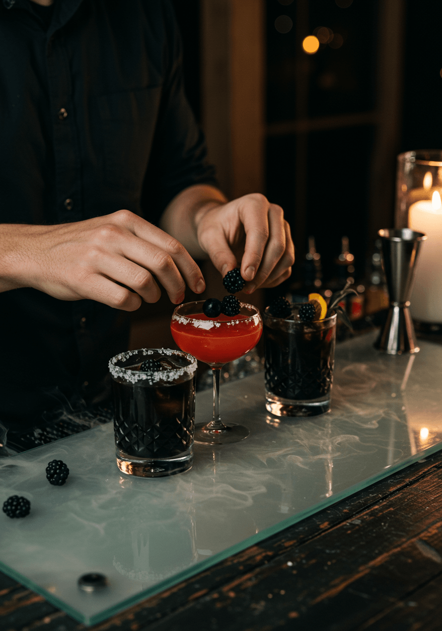 Bartender in black arranging dark garnishes on cocktails at smoked glass bar in rustic black barndominium during twilight