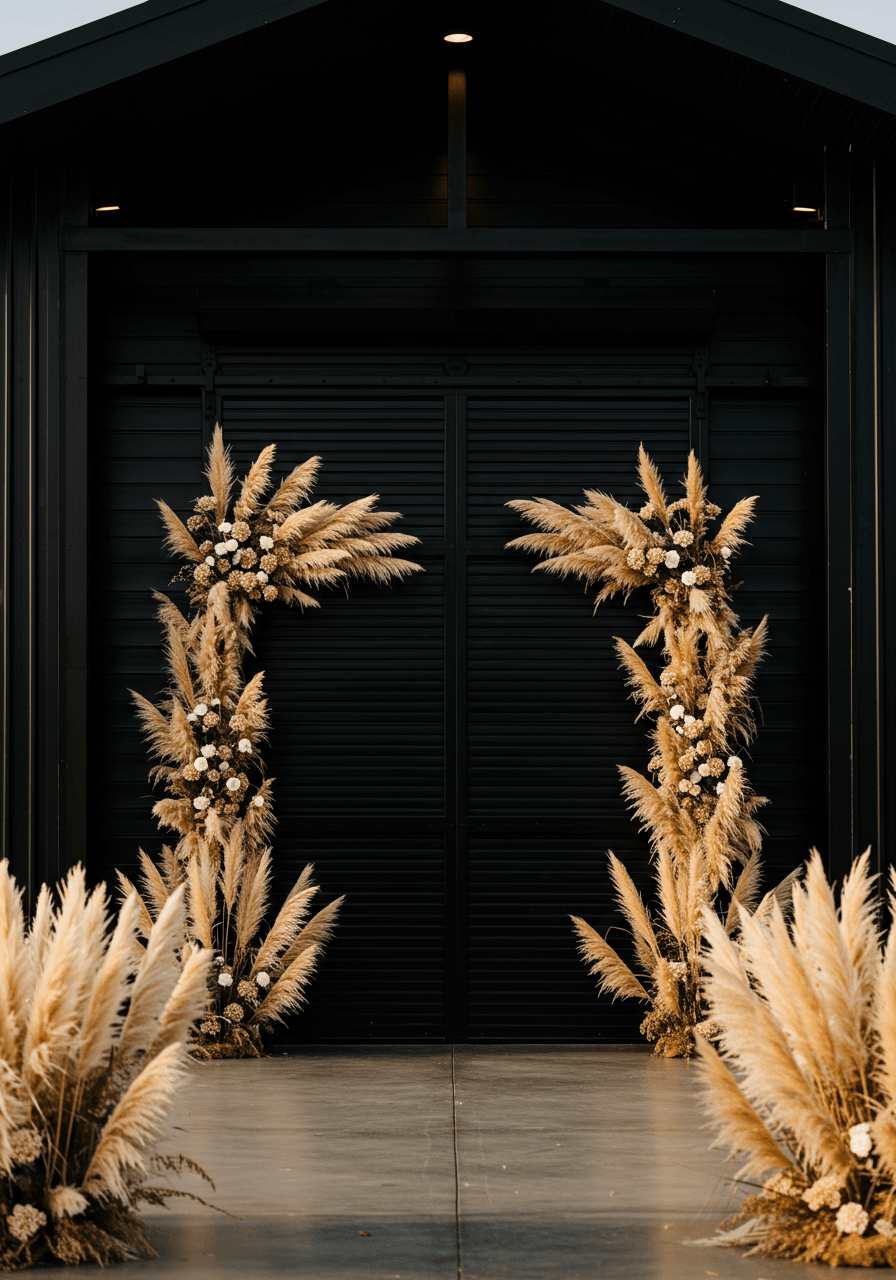 Black barndominium entrance with massive roll-up doors framed by towering wild pampas grass arrangements