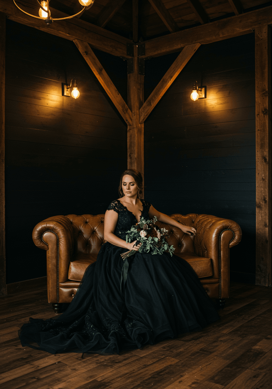Bride in flowing black lace wedding dress sitting on cognac leather Chesterfield sofa in dimly lit barndominium corner