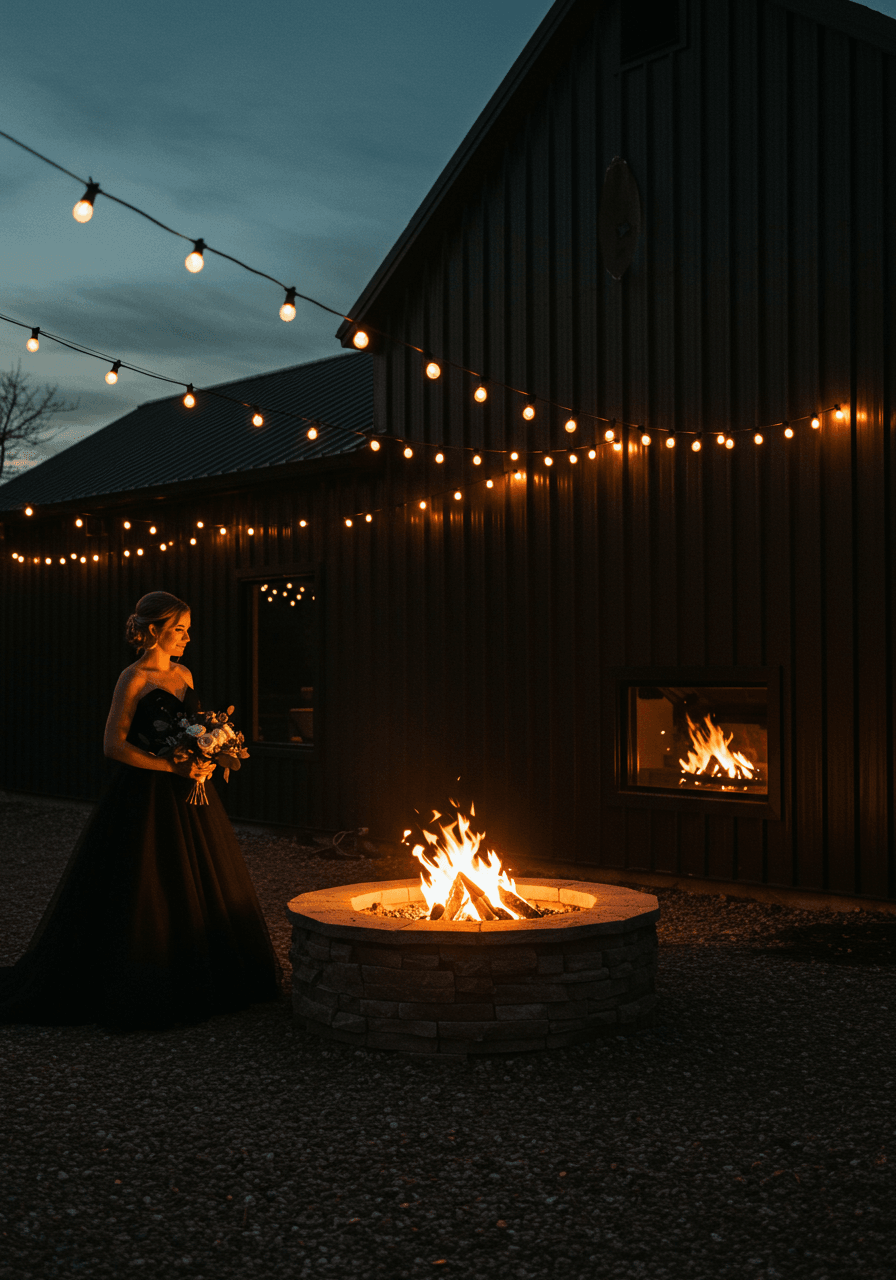 Bride in elegant black wedding dress standing beside glowing fire pit with string lights reflecting off black metal siding