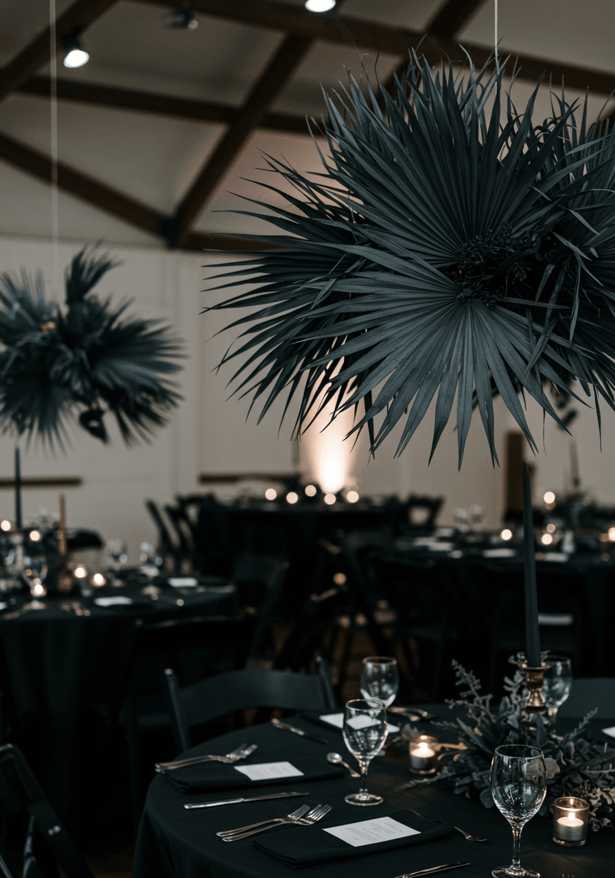 Spray-painted charcoal palm fronds suspended at varying heights above black reception tables in converted barn venue