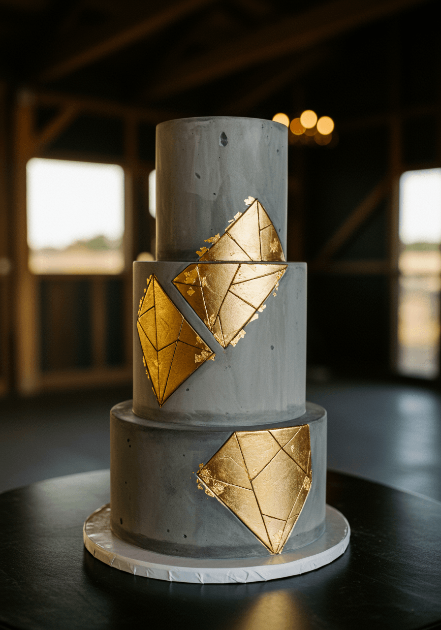 Three-tiered wedding cake with concrete texture finish and geometric gold leaf accents on black steel table in barndominium