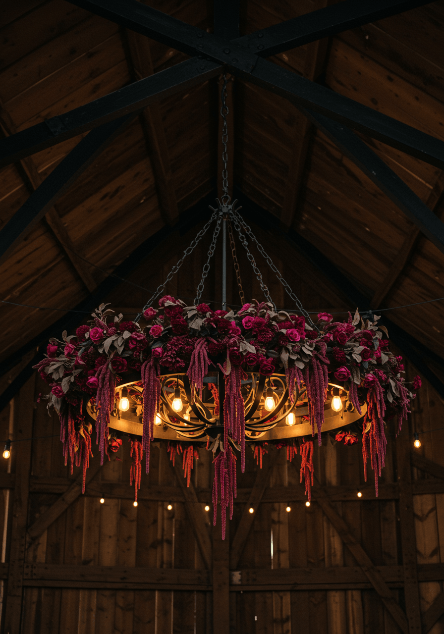 Dramatic black iron chandelier with deep burgundy amaranth flowers hanging in rustic barndominium reception space