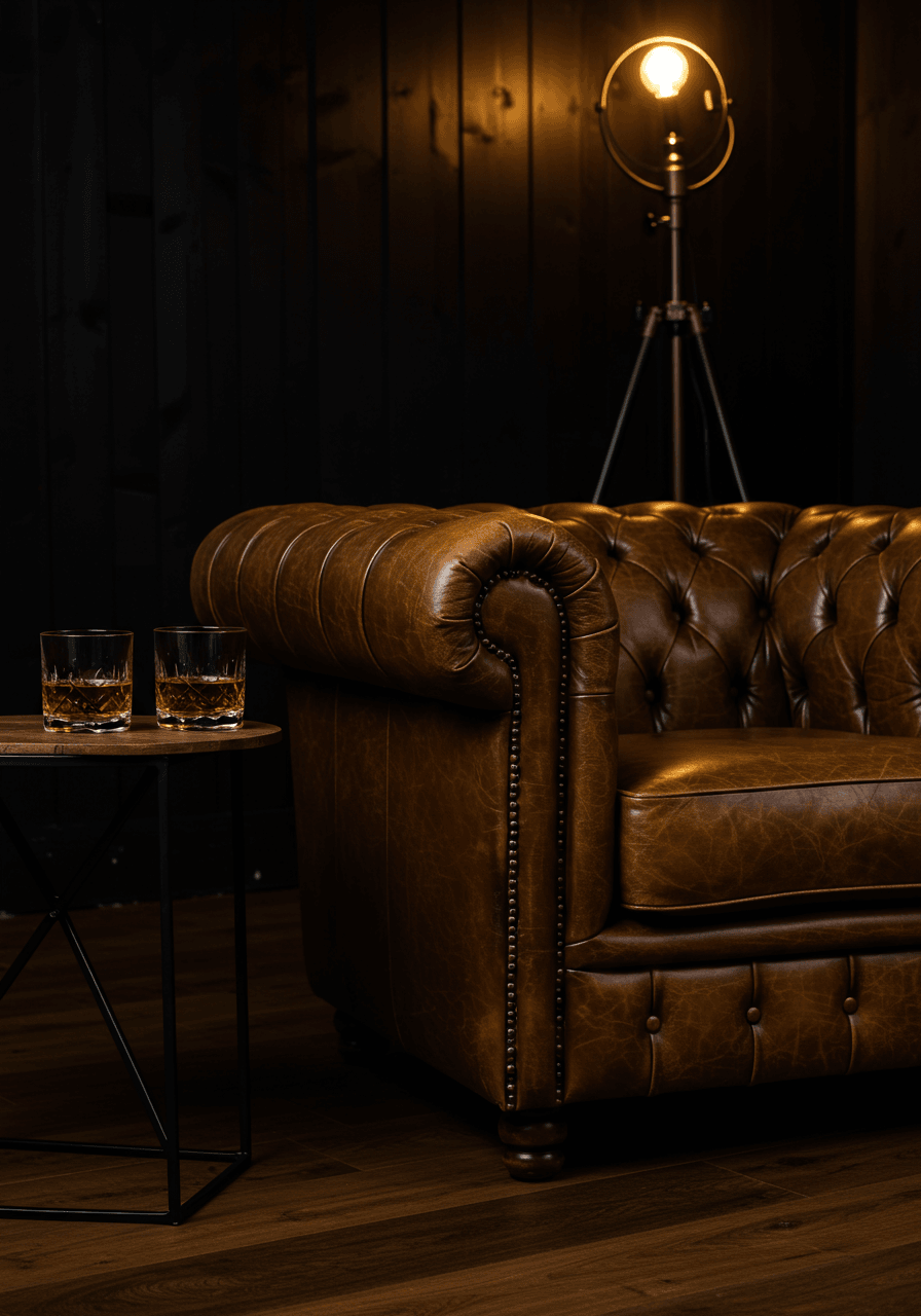 Elegant cognac leather Chesterfield armchair in shadowy corner of black barndominium wedding lounge area