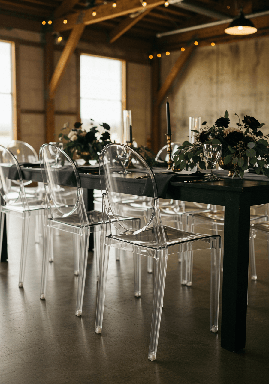 Clear acrylic ghost chairs around black farm table on concrete flooring during golden hour lighting in converted barn