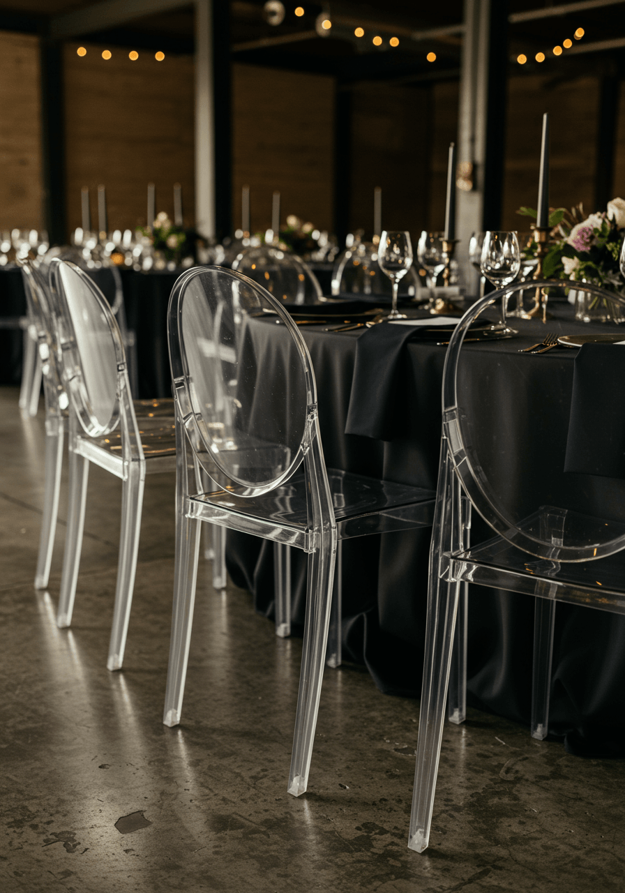 Transparent acrylic ghost chairs around black tables on concrete flooring in industrial barn wedding venue