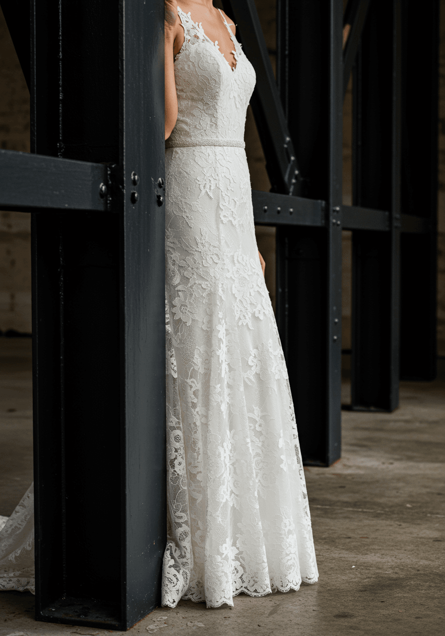 Bride in elegant white lace dress positioned near massive black steel beam framework in converted barndominium venue