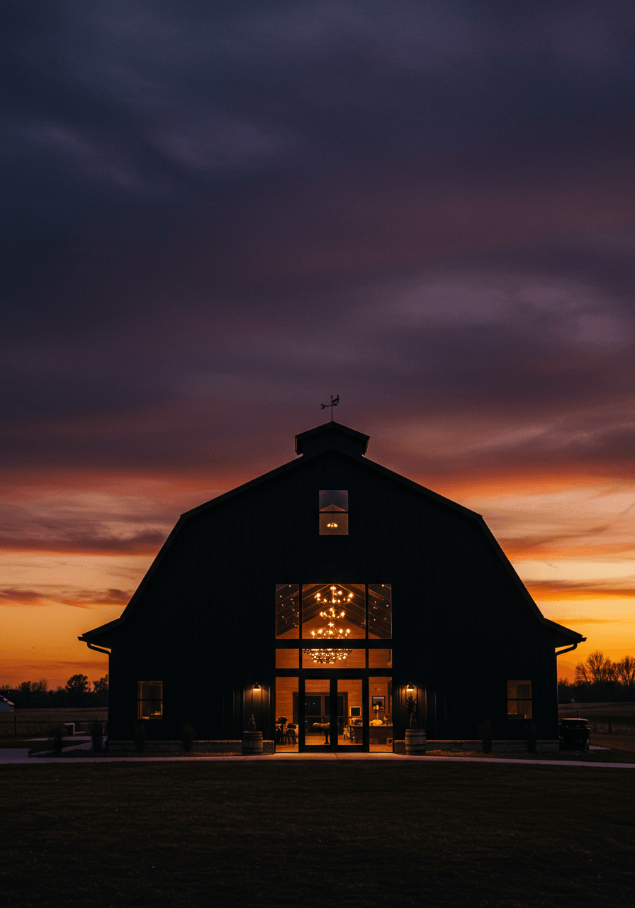 Matte black barndominium wedding venue silhouetted against dramatic purple and orange twilight sky at dusk