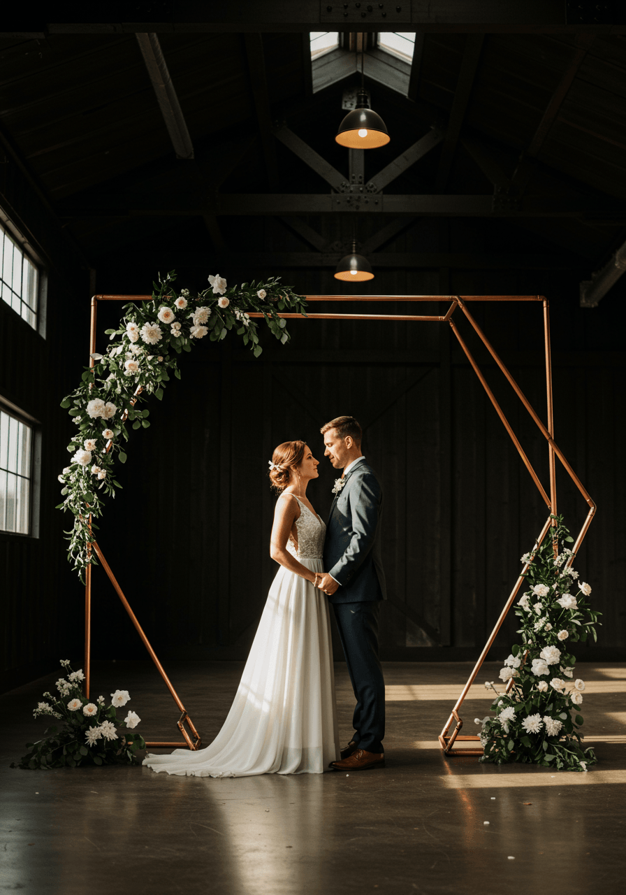 Close-up detail of clean angular copper pipe wedding arch structure in industrial barn venue
