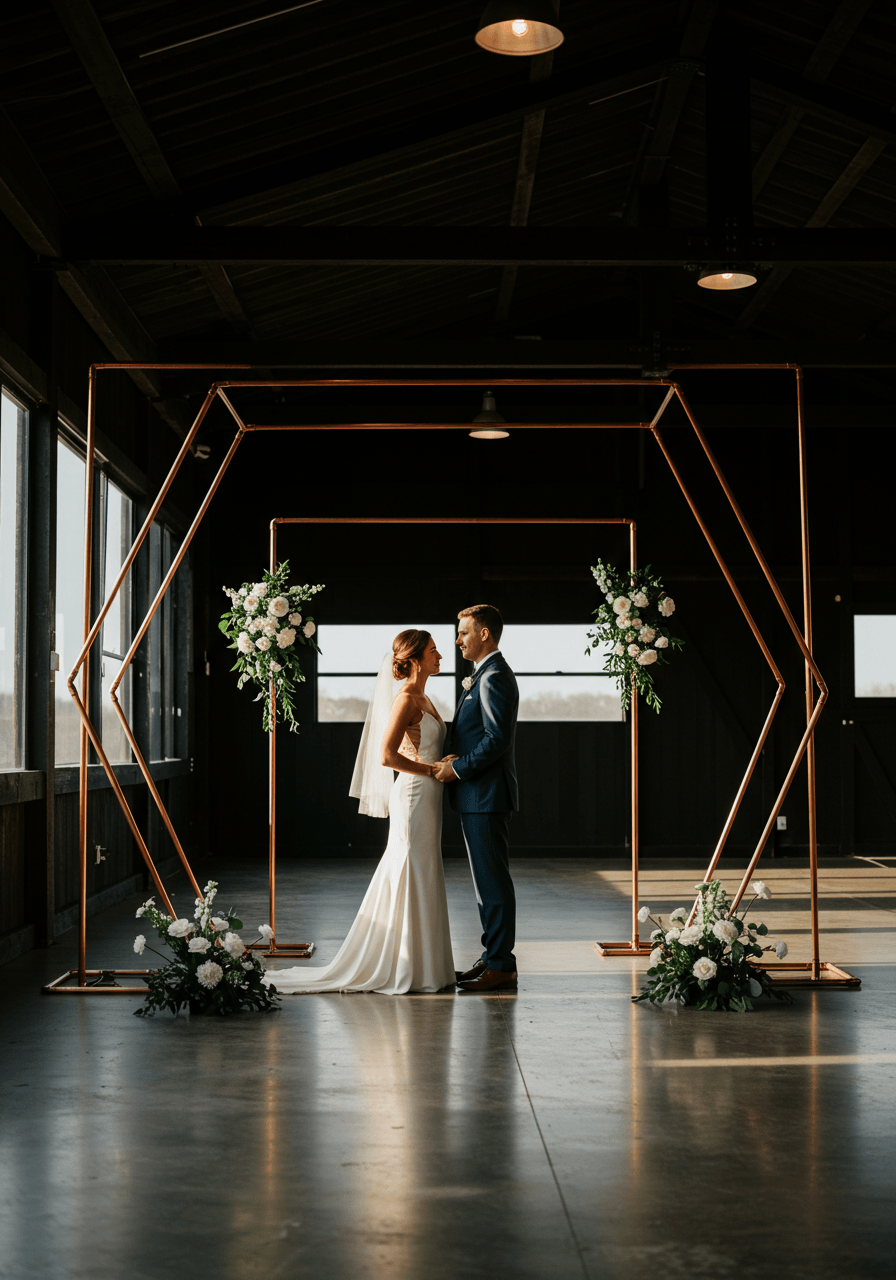Bride and groom beneath geometric copper pipe wedding arch in modern black barndominium with exposed steel beams
