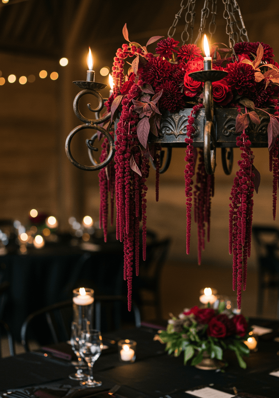 Ornate wrought iron chandelier with cascading burgundy amaranth flowers suspended above black farm tables