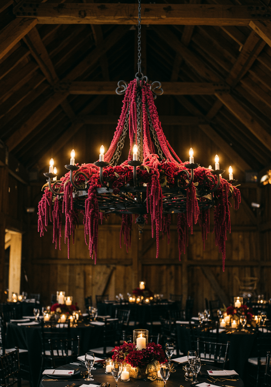 Close-up detail of iron scrollwork chandelier with deep wine coloured amaranth blooms in candlelit atmosphere