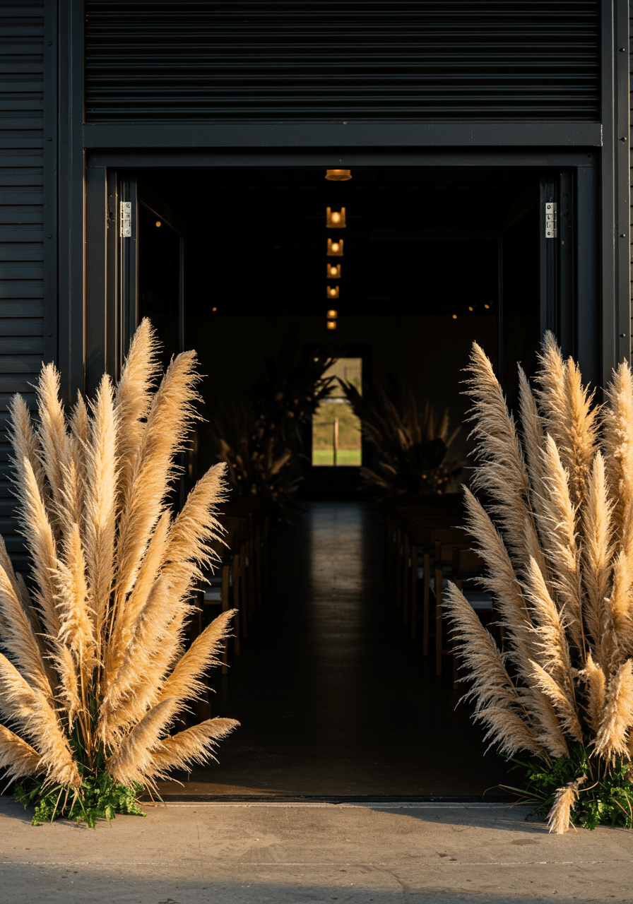 Detail of black metal door track system with wild pampas grass framing the entrance during late afternoon