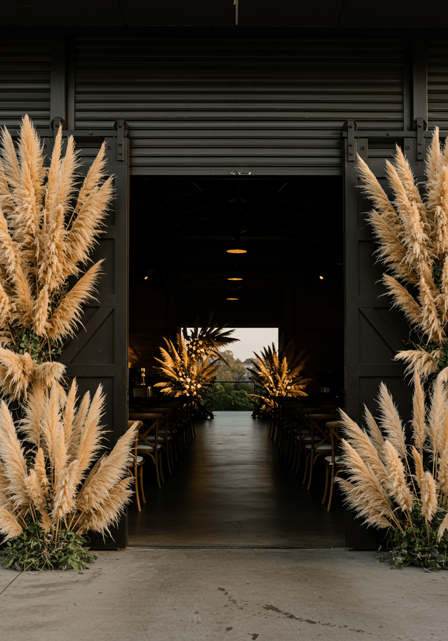 Oversized black roll-up barn doors open revealing wedding ceremony setup with pampas grass pillars flanking entrance