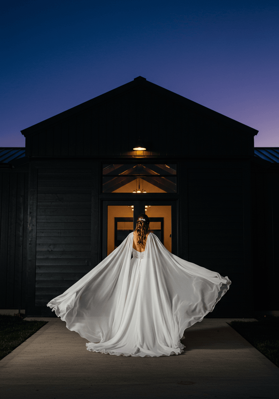 Elegant bride with dramatic flowing white cape sleeves against modern black barn doors at twilight