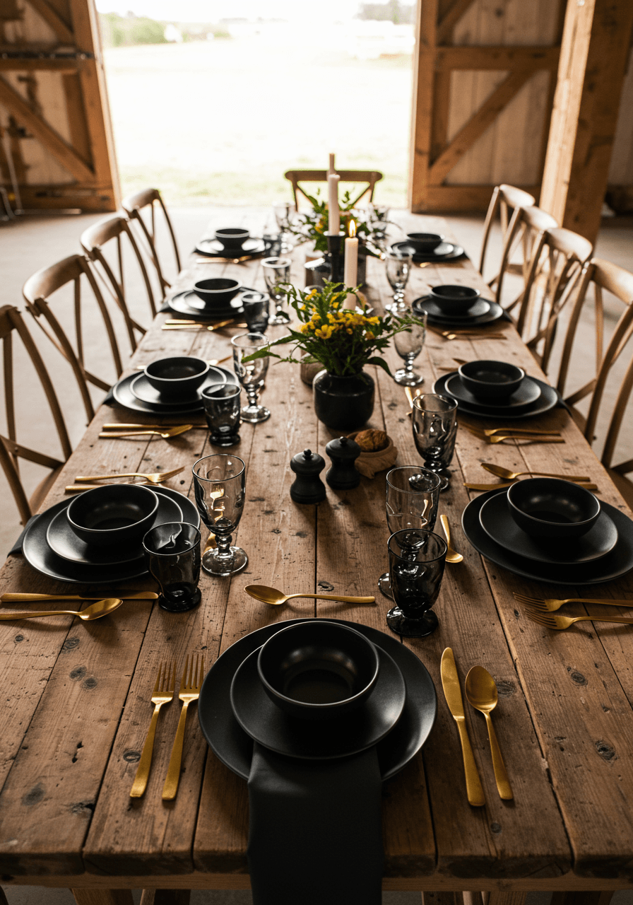 Overhead view of scattered black stoneware plates and gold flatware across long reclaimed wood farm table in converted barn
