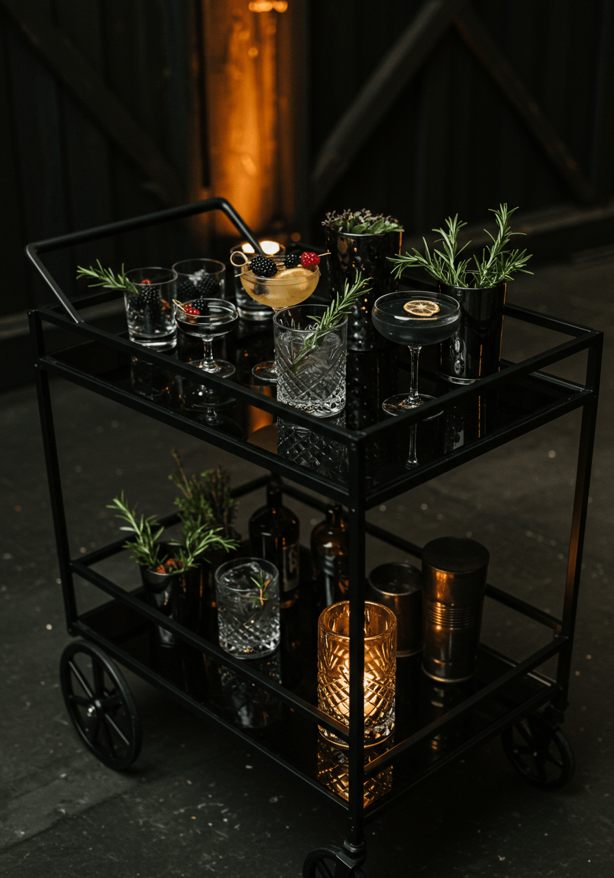 Close-up of translucent bar cart with dark cocktails and botanical garnishes in moody barndominium setting