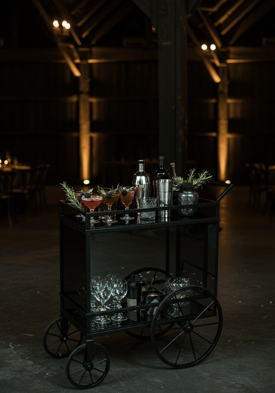 Sleek smoked glass mobile bar cart with black metal framework in dramatic black barndominium reception space