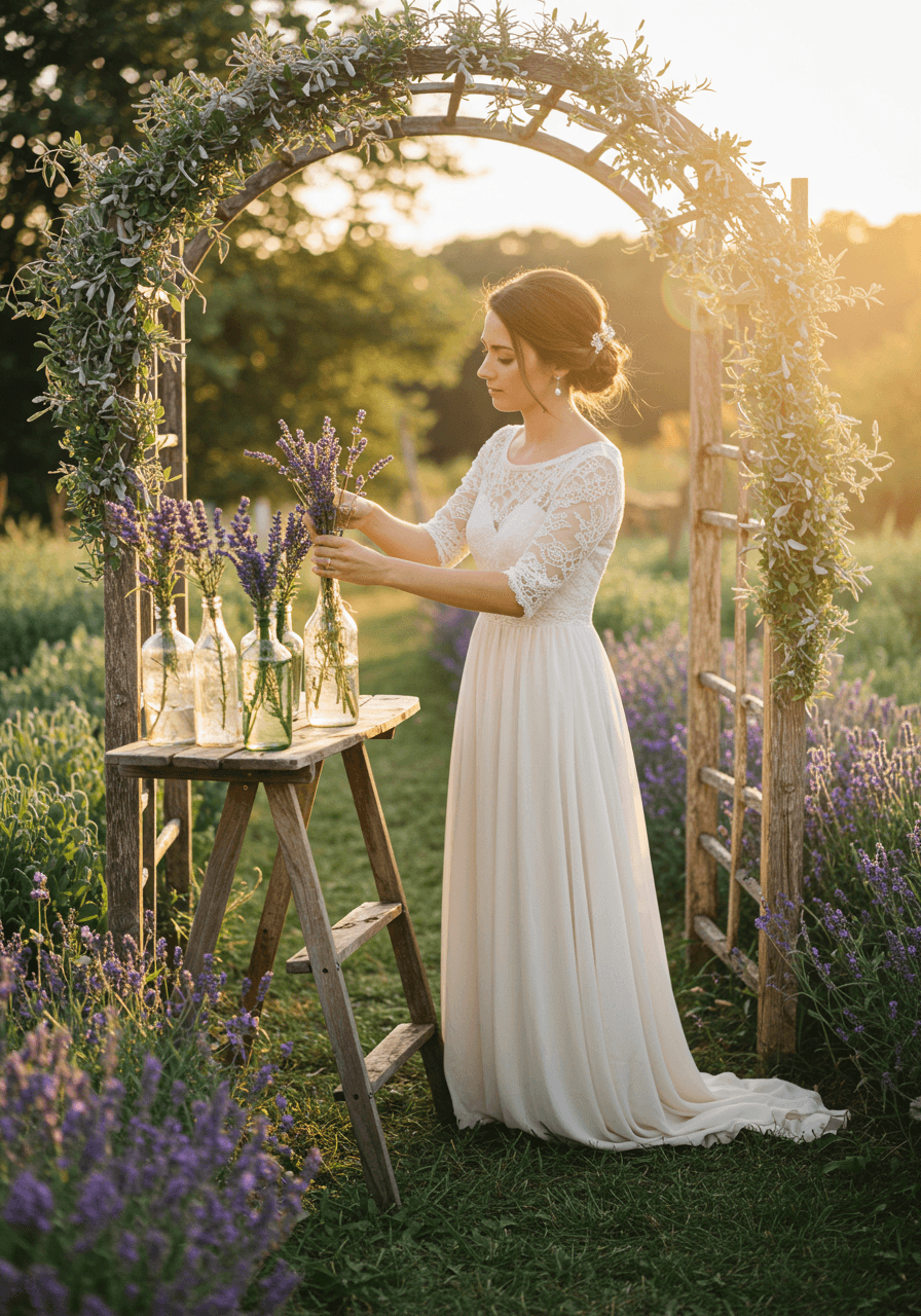Bohemian bride in flowing lace dress arranging lavender in glass bottles on rustic wooden ceremony arch