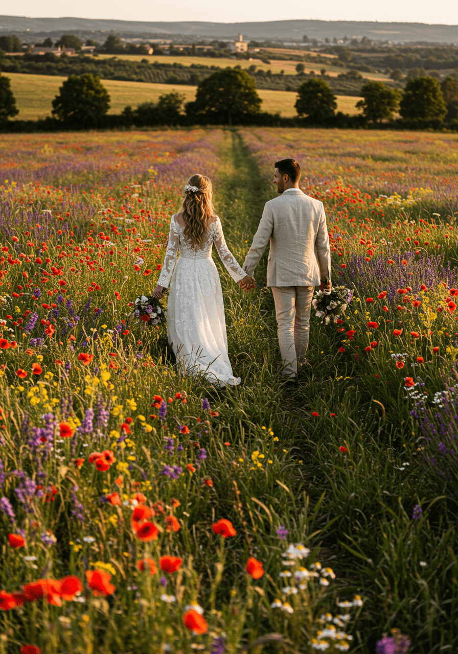 Romantic couple walking through vibrant wildflower meadow with lavender, poppies, and daisies during golden hour