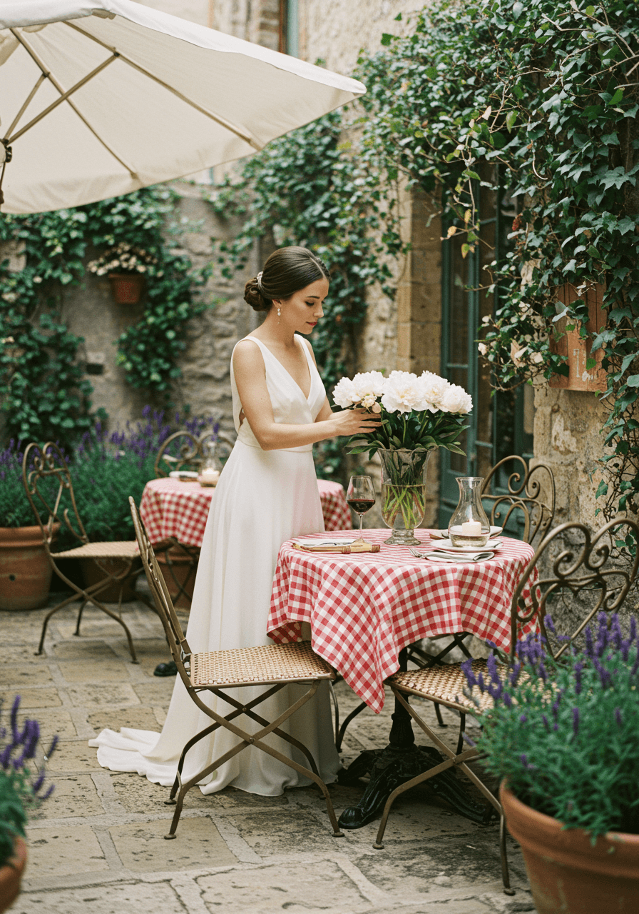 Intimate bistro moment with bride reaching for flowers at café table surrounded by lavender and ivy