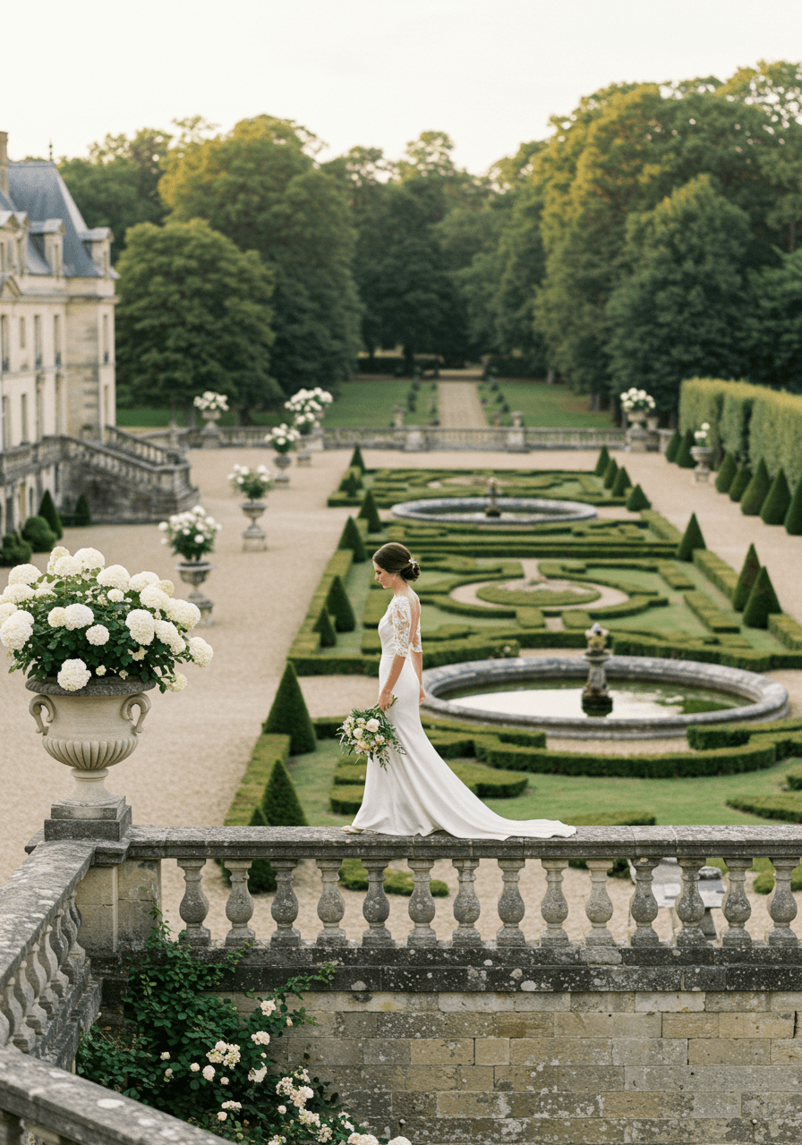 Elegant bride in silk gown walking along château stone balustrade overlooking formal French gardens