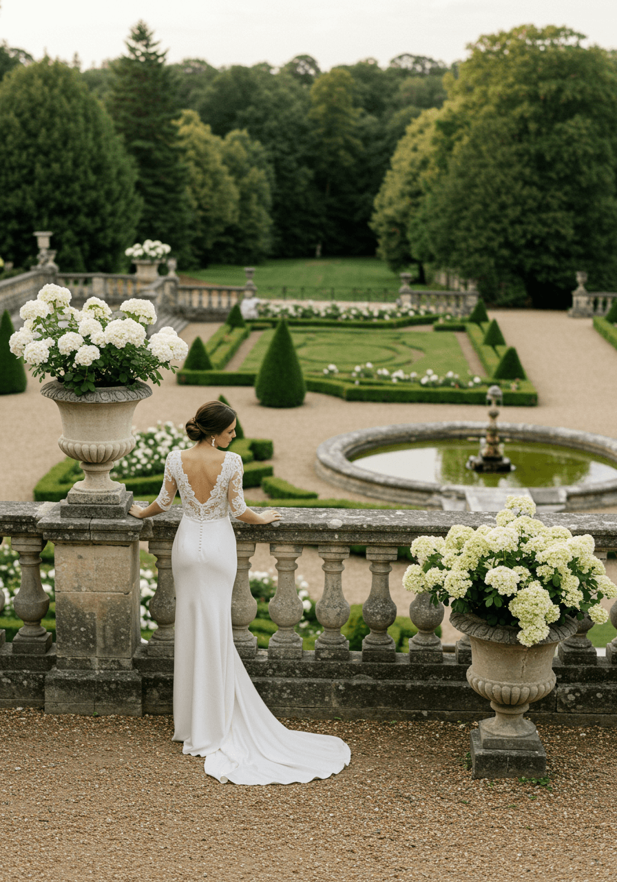 Bride in flowing lace dress on stone balustrade with geometric box hedges and ornate fountains
