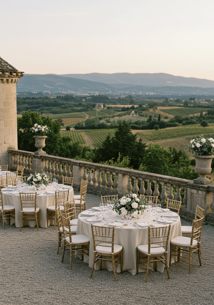 Elegant château terrace wedding reception with gold chairs and white peony centerpieces overlooking vineyard hills