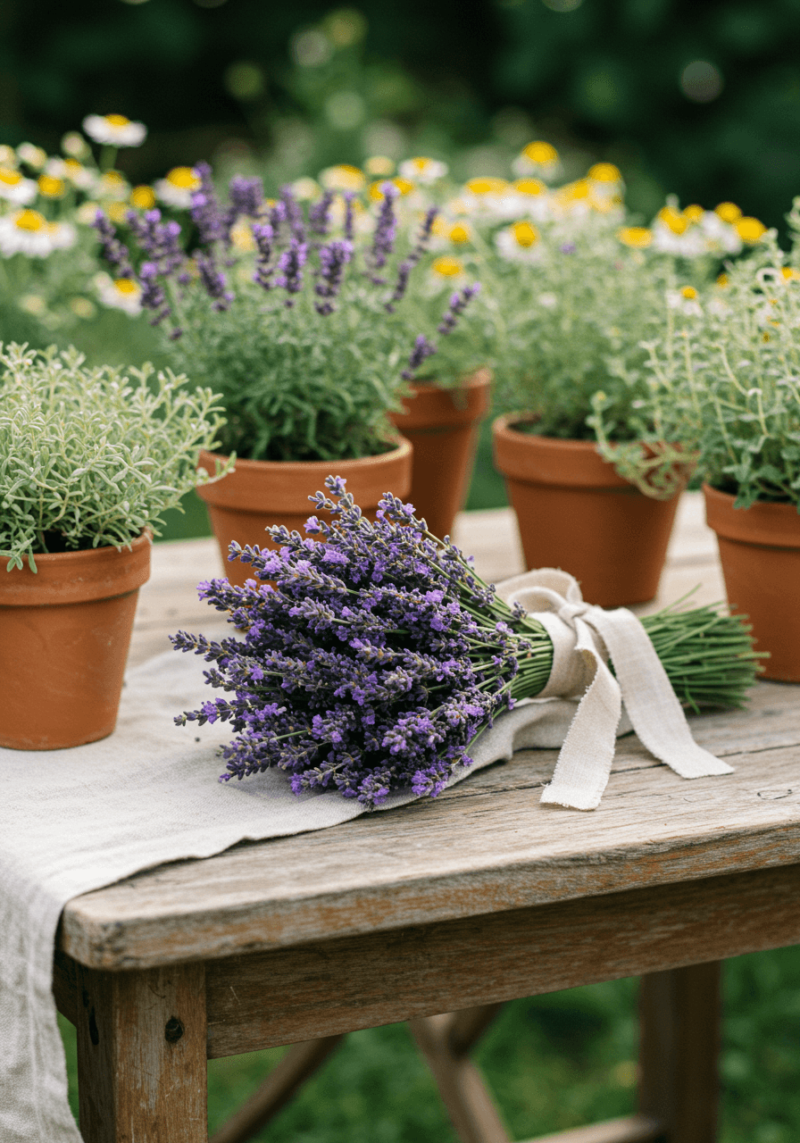 Fresh lavender bridal bouquet with linen ribbon on rustic wooden table surrounded by herb gardens in Provence
