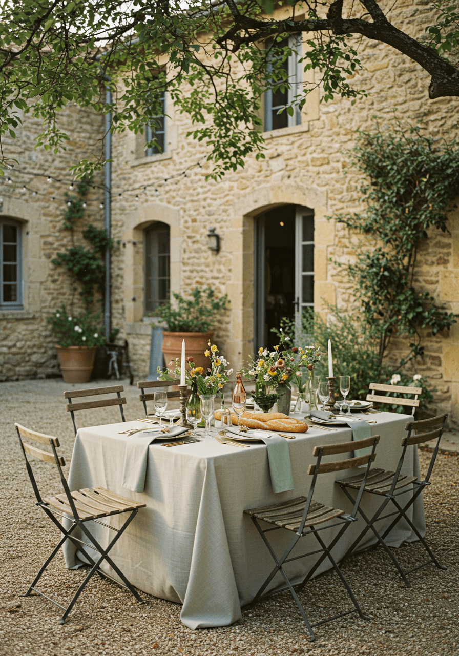 Close-up of French bistro reception details with vintage wine bottles and fresh baguettes on stone patio