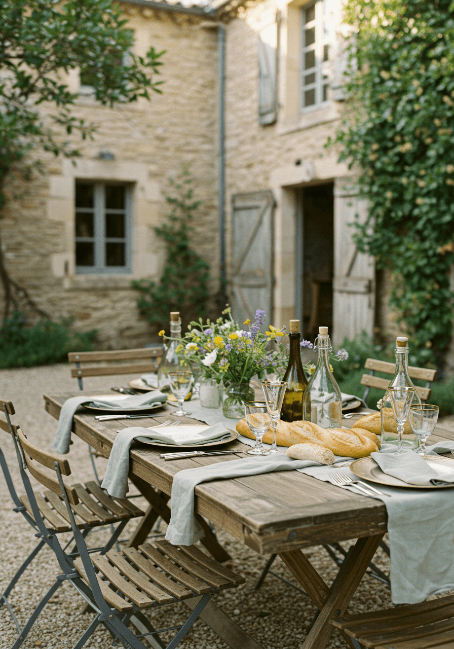 Elegant bistro table setting with brass chargers and sage linens in stone courtyard with climbing ivy
