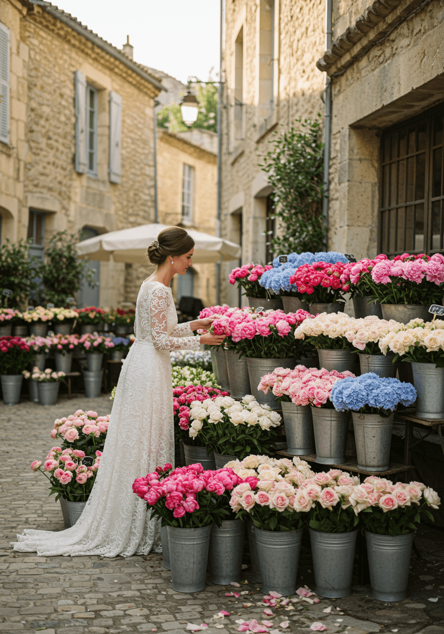 Bride in bohemian lace gown selecting fresh peonies and roses at French countryside flower market during golden hour