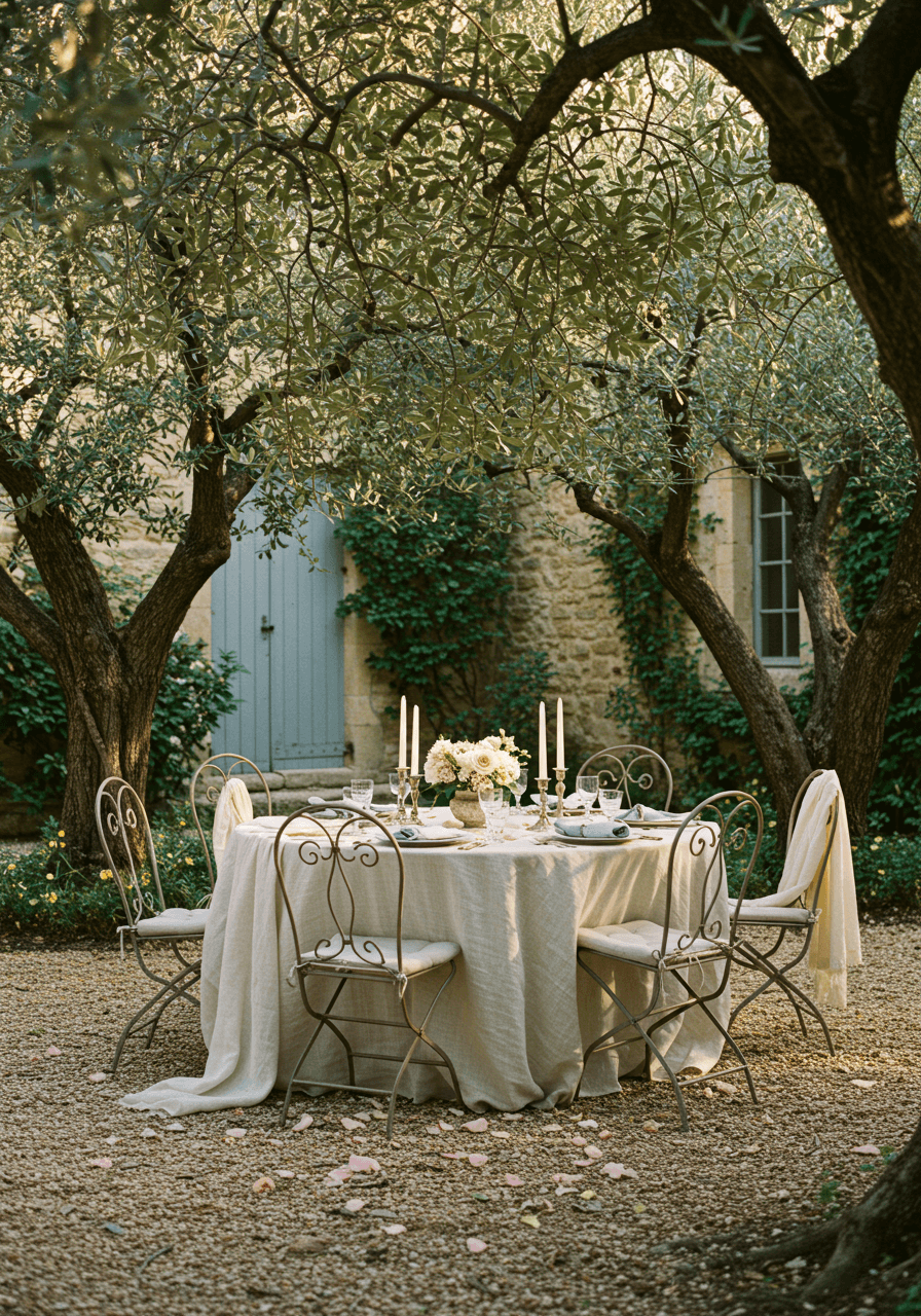 Elegant outdoor dining under ancient olive trees with vintage French linens in Provençal stone courtyard