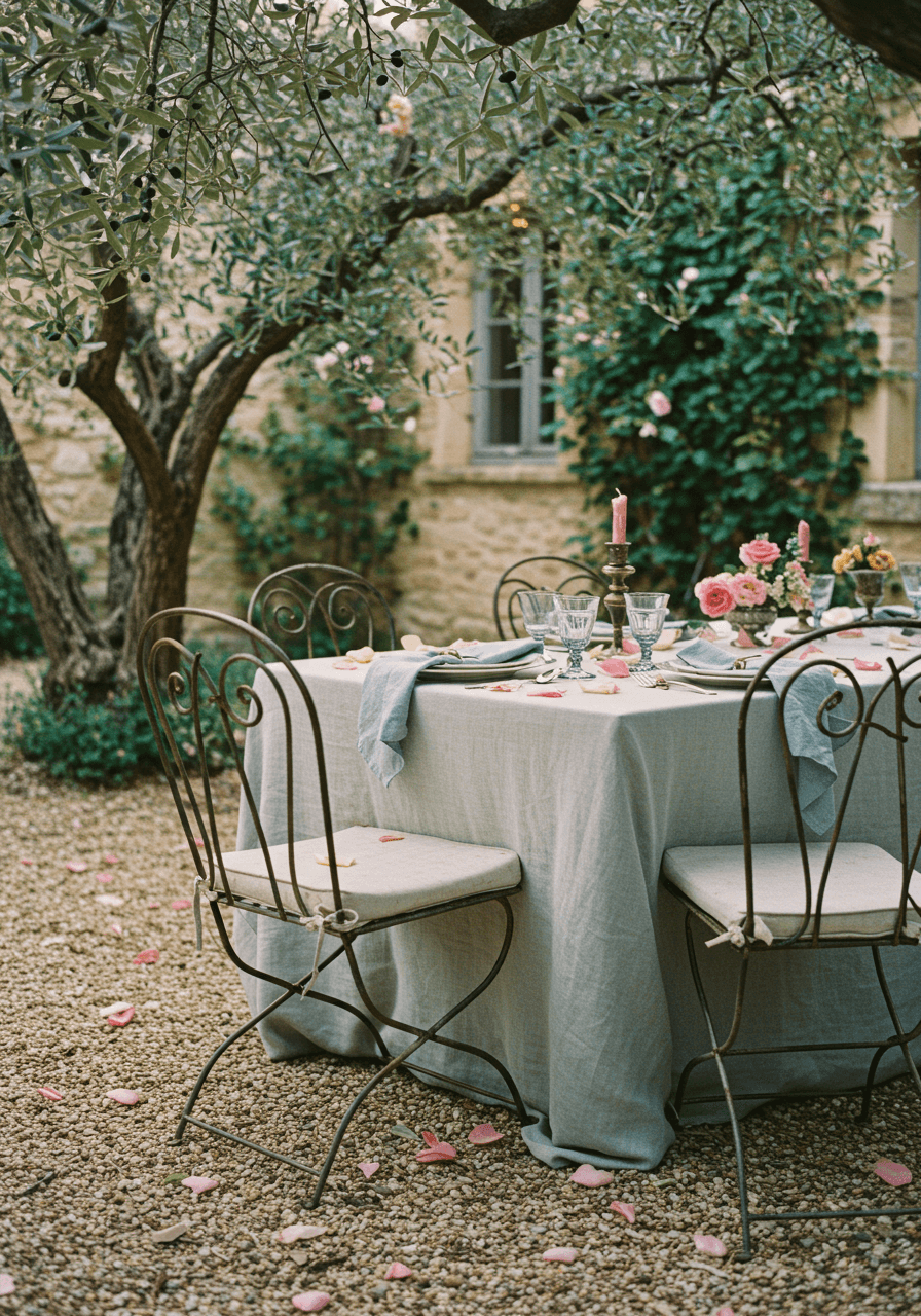 Intimate courtyard table setting with antique chairs and climbing vines under dappled olive tree lighting