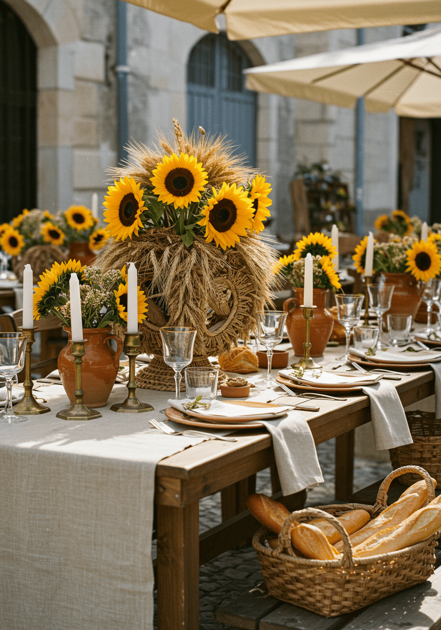Close-up of market-fresh tablescape with vintage brass candlesticks, fresh baguettes, and wicker baskets