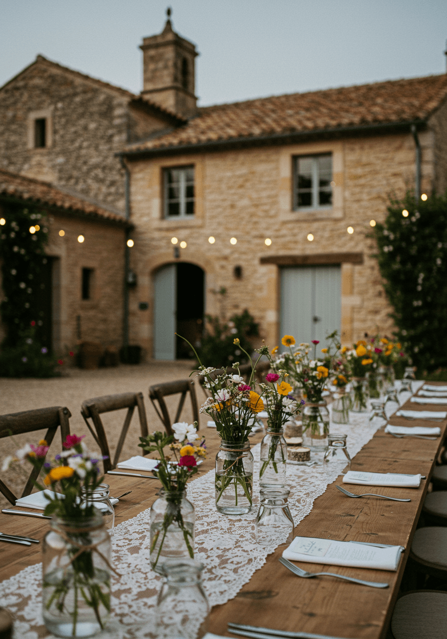 Long farmhouse table with vintage lace runners and mason jar florals in honey-coloured stone courtyard