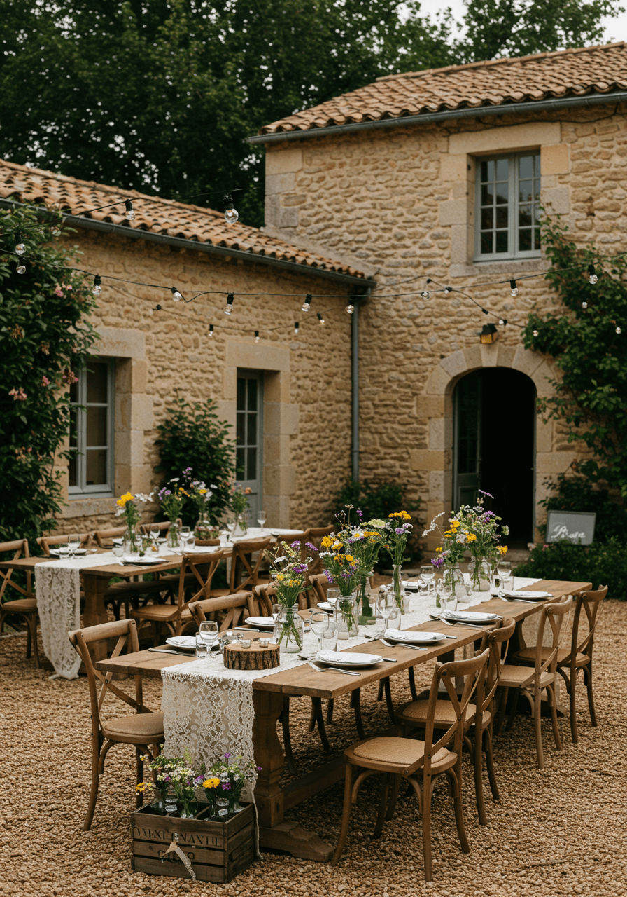 Rustic wooden farm table set for wedding reception in stone Provençal farmhouse courtyard with wildflower centerpieces