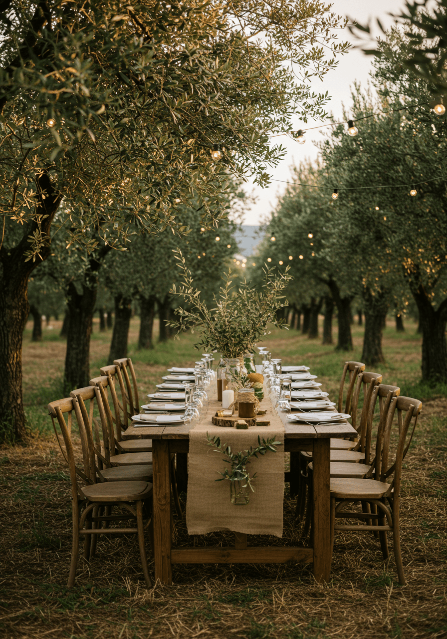 Rustic wooden farm table set between ancient olive trees with mason jar centerpieces and string lights