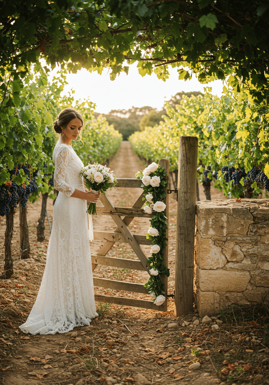 Bride in French lace gown beside rustic vineyard gate with wild white roses in sun-drenched Provence