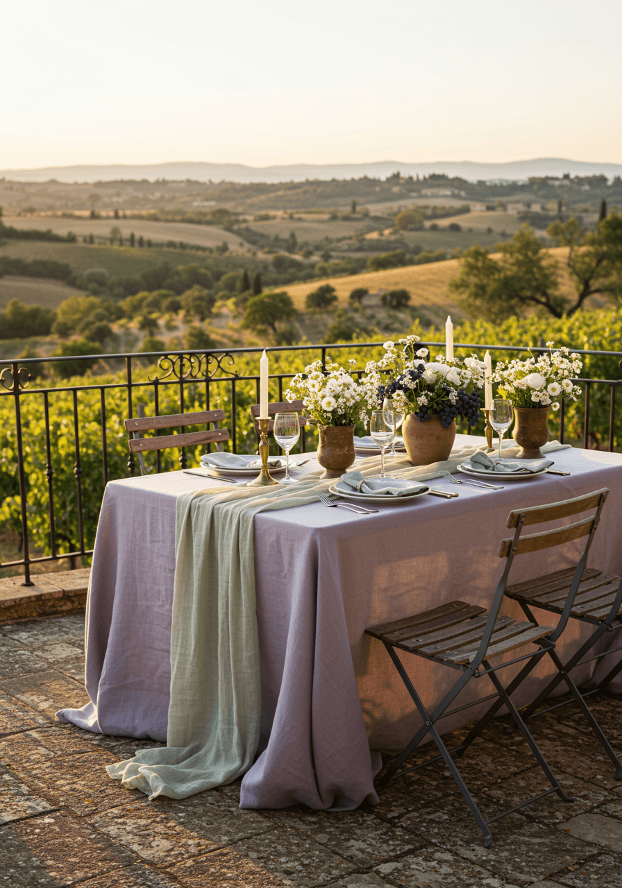 Close-up of vineyard terrace dining with vintage brass candlesticks and purple grape clusters overhead