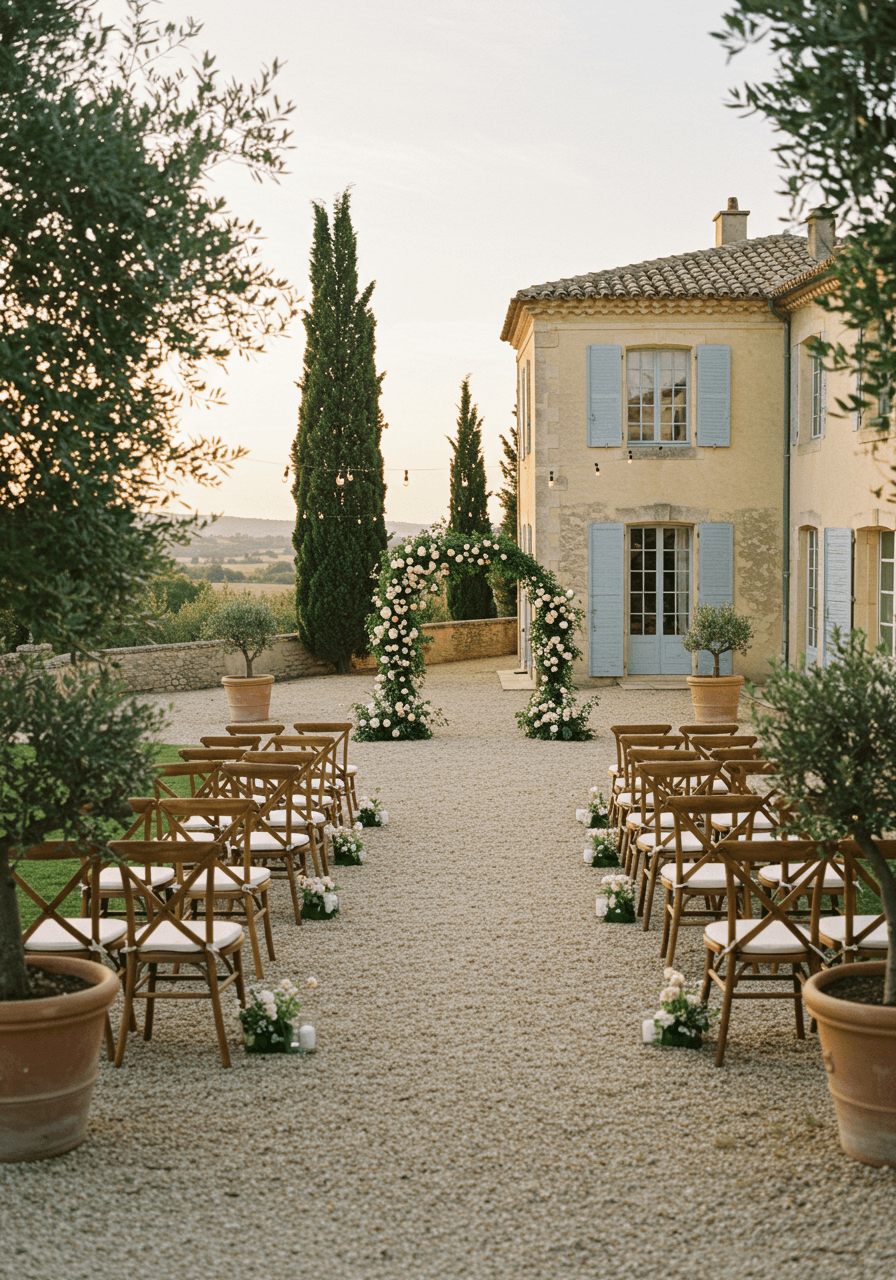 Grand château wedding ceremony with vintage chairs facing floral arch and limestone façade backdrop