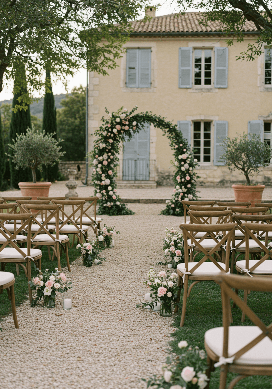 Elegant outdoor ceremony setup with cypress trees and rolling vineyard hills at Provence château