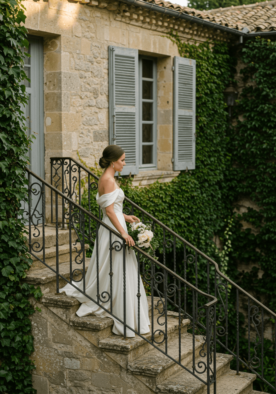 Sophisticated bridal portrait on ornate stone balustrade with wrought iron details and climbing ivy